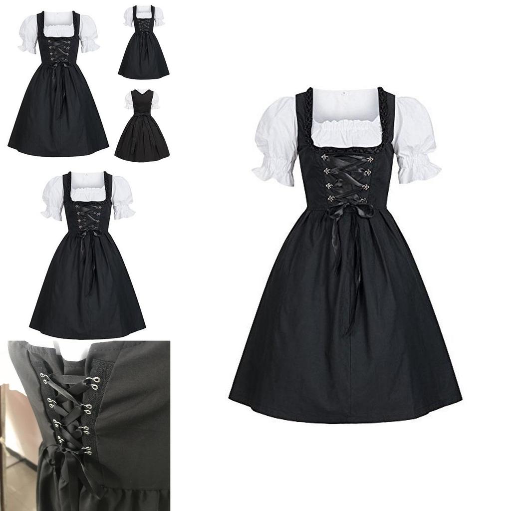 Costume Dirndl Bavarese Vintage con Vita Elastica e Maniche a Bolla per Occasioni Festive