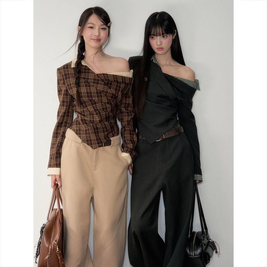 Herbst Schulterfreies Karriertes Langarmhemd für Damen, Tailliert, Schlankmachend, Wunderschönes Design