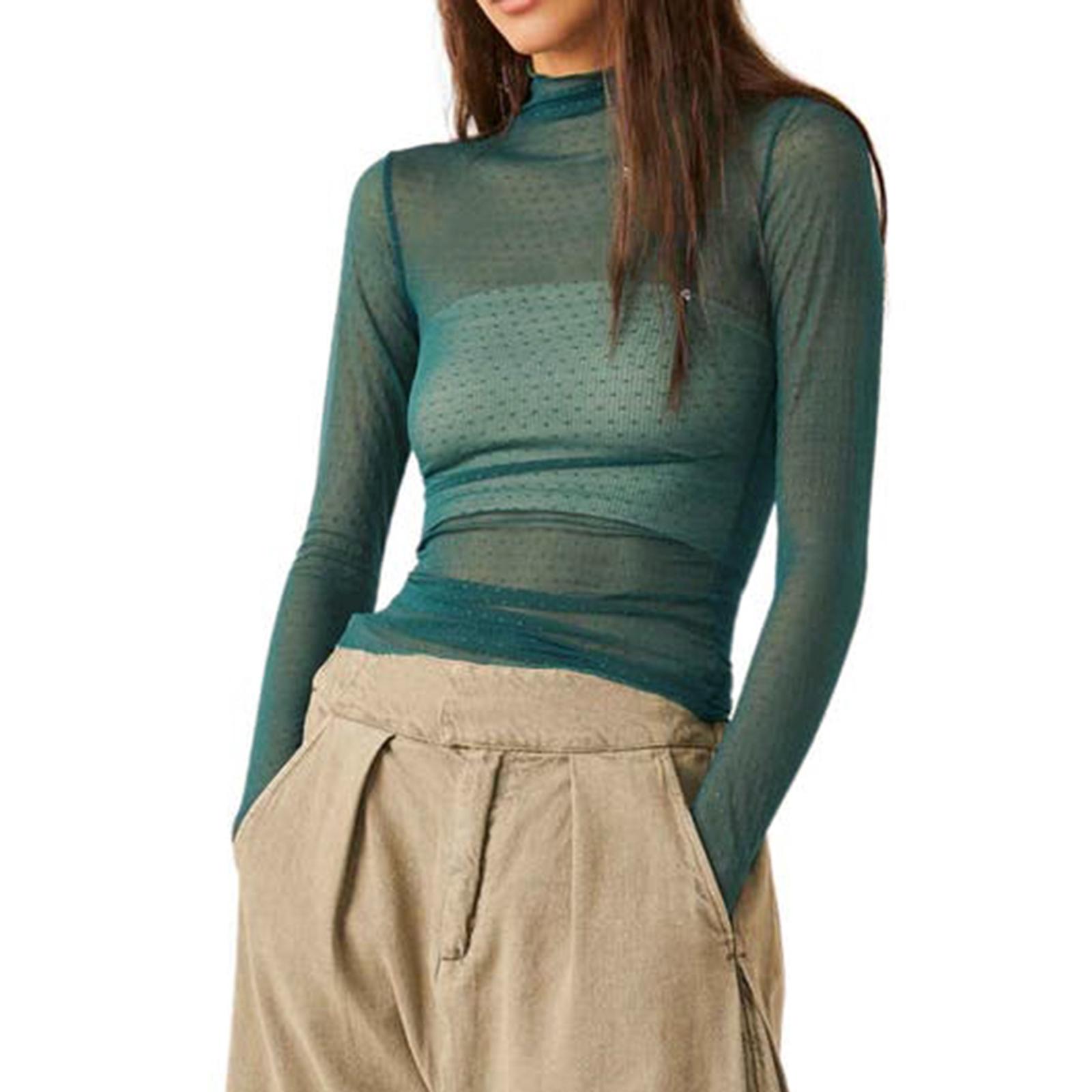 

Женская футболка, водолазка с длинным рукавом и узором Swiss Dots, прозрачные облегающие прозрачные топы, клубная одежда XL зелёный