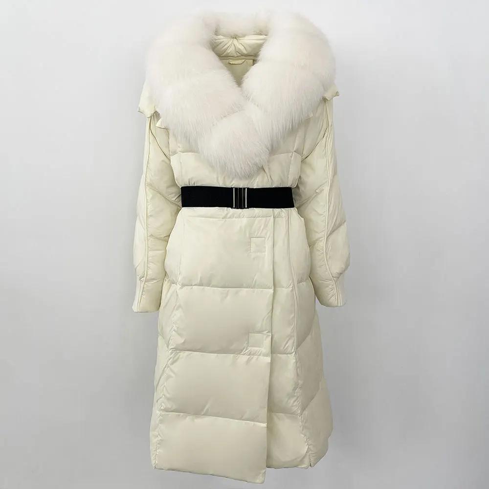 OFTBUY Winter Jacket Women Long Natural Real Raccoon Fox Fur Collar White Duck Down Coat Belt Thick Warm Casual Outerwear