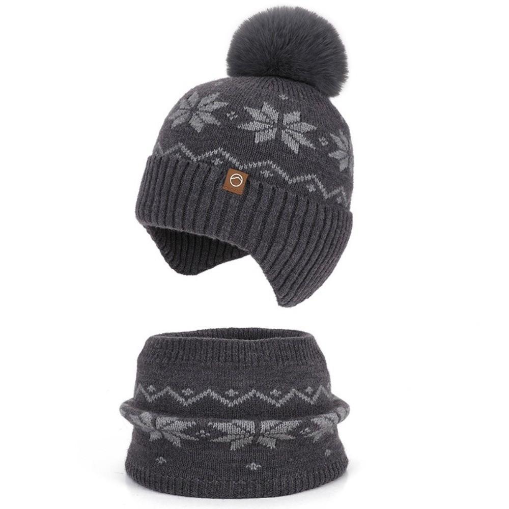 Polyester Winter Knitted Hat Warm Ear Flap Kids Snowflake Beanie for 2/3 Piece Set For Boys Girls