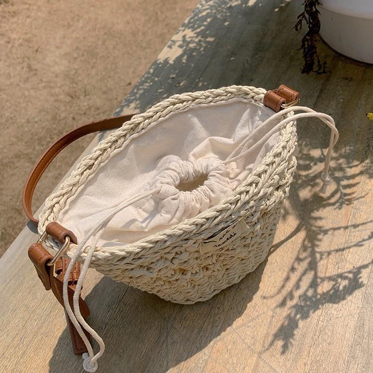 Cute bucket crossbody straw woven bag new small fresh hollow shoulder woven bag vacation beach bag versatile women's bag