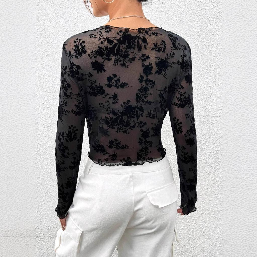 Independent Station Women's Black Sexy Mesh Round Neck Long-sleeved T-shirt Tops Women Versatile Closet Essential Fashion Items Shirt