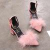Spring new thick high-heeled side empty suede pointed head sexy and thin one-word buckle with fluffy sandals women