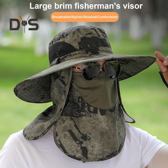 Men Fisherman Hat with Front Cover Large Brim Hollow Mesh Camouflage Print Anti-UV Sunlight Protection Quick Dry Great Breathability Outdoor Fishing