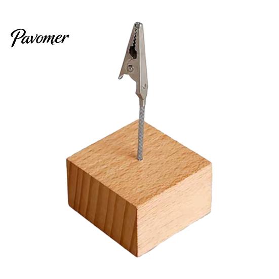 Compact Note Holder Wooden Cube Memo Clip Stand, Display Solid Wood Square Base Receipt Card Holder, Vertical for Wedding Party or Office Table