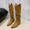 2025 New Knee Knight Boots Pointed Thick Heel Thin Boots British Style Two Wear Matte Leather Pile Boots Women