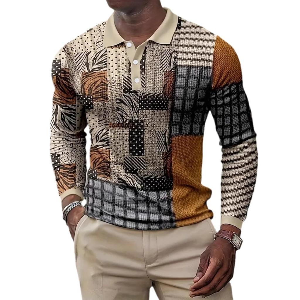 Stylish Mixed Print Long-sleeve Polo Shirt, Casual Trendy Design for Daily Wear.