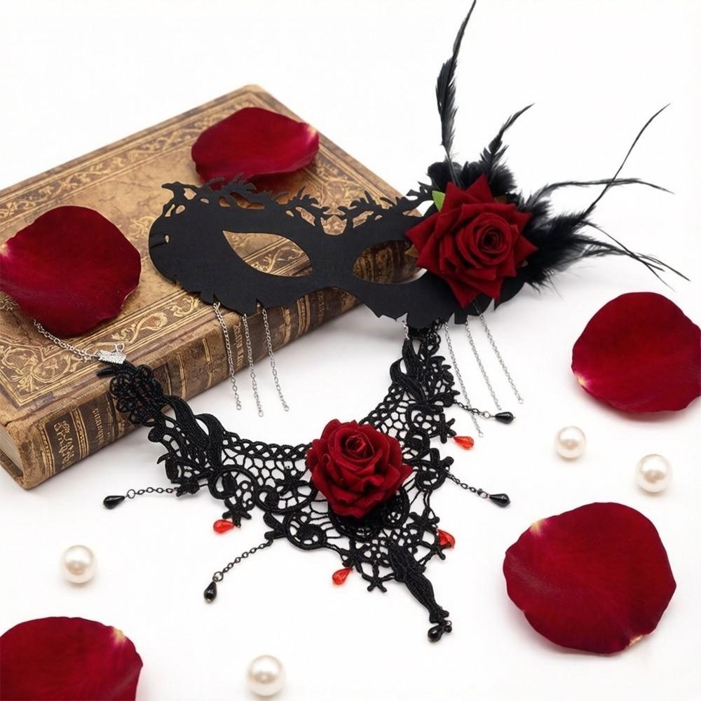 1 Set Dark Gothic Masquerade Mask Red Rose Gothic Choker Necklace Halloween Party