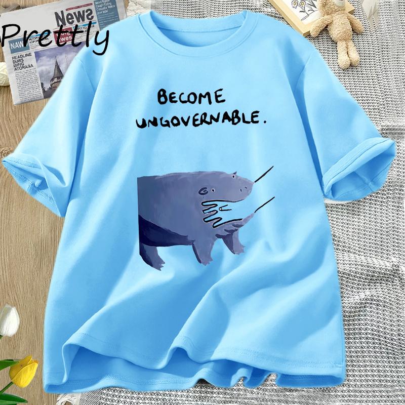 

Become Ungovernable Hippo T-Shirt Moo Deng Design Funny Animal Graphic Tee Rebellious Meme Humor T Shirt Cotton Short Sleeve Top 4XL