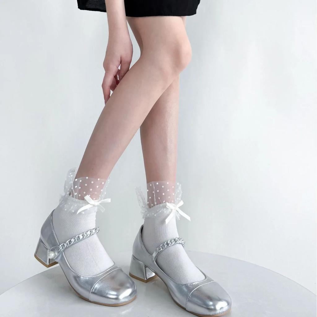 Polka Dot Mesh Lace Ruffle Socks Women Lolita Kawaii Bow Sweet Girls Short Socks JK Japanese Style Solid Color Black White Socks