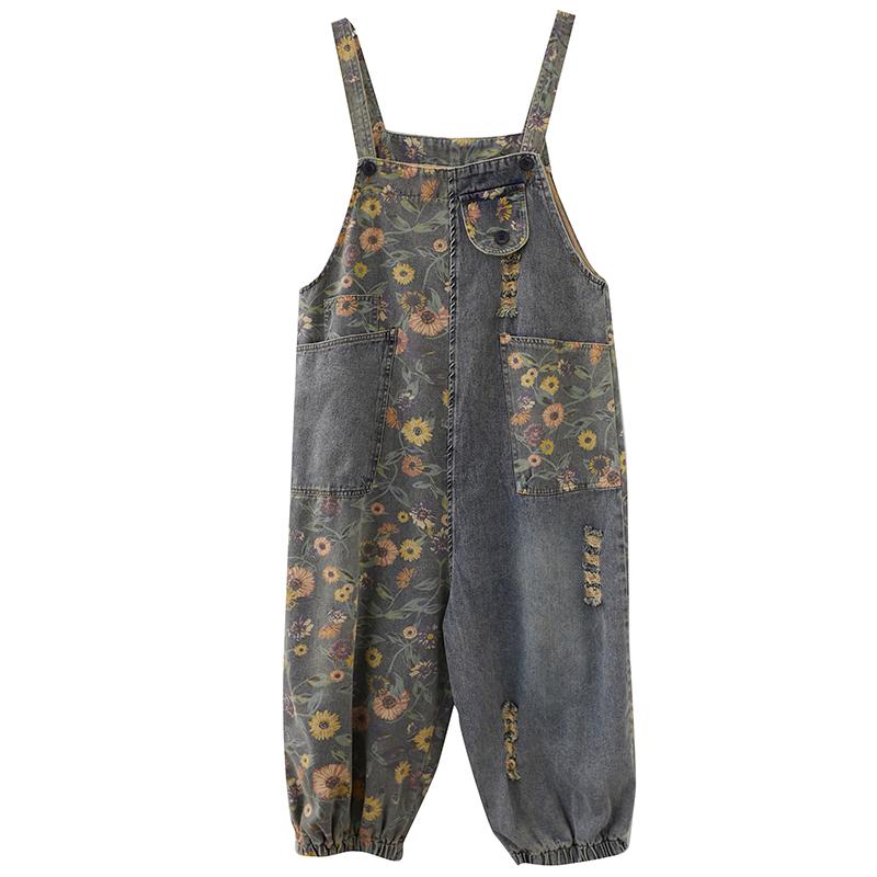 Salopette Jeans Casual Larghi Taglie Forti Donna Primavera Autunno Stampa Floreale Denim Salopette Gamba Larga Salopette Bretelle Pantaloni Ampi