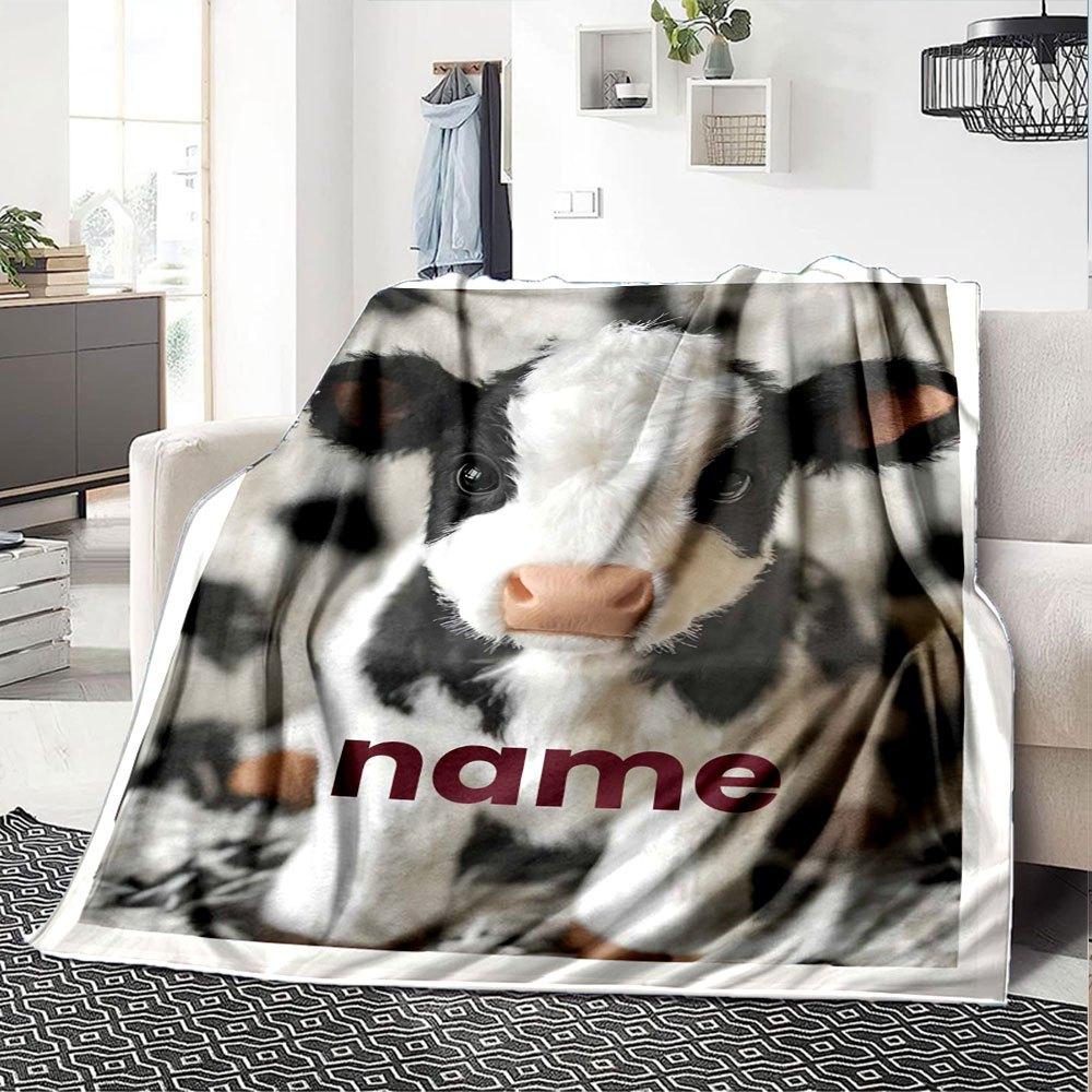 Adorable Cow Plush Toy On A Soft Blanket Lightweight Personalized Blanket Customize Your Name Durable Comfort For Sofa Couch Office Bed Picnics Ideal