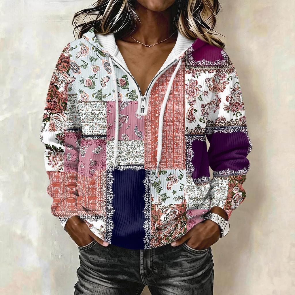 Women's Long Sleeve Patchwork Print Hoodie with for Casual Wear