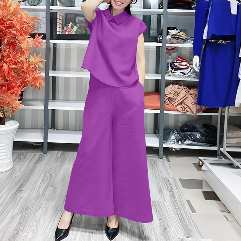 

ZANZEA Womens Sleeveless Vest Tops and Wide Leg Pants Two Piece Suit Sets 5XL фіолетовий