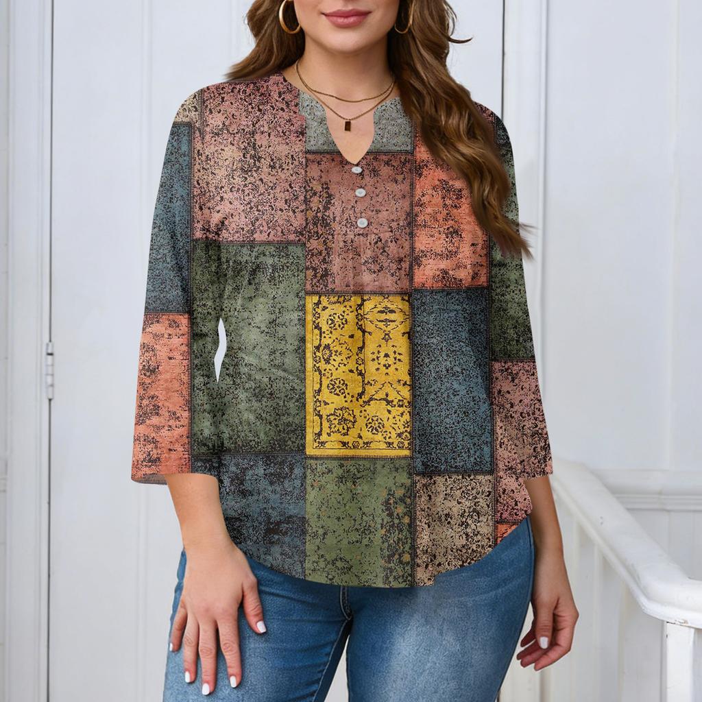 Plus Size Womens Casual Loose Fit V Neck Printed Blouse with Buttons Three Quarter Sleeve Relaxed Fit Top for Daily Wear