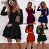 Fashion Summer Spring Solid Color Print Long Sleeve V-Neck Casual Dresses