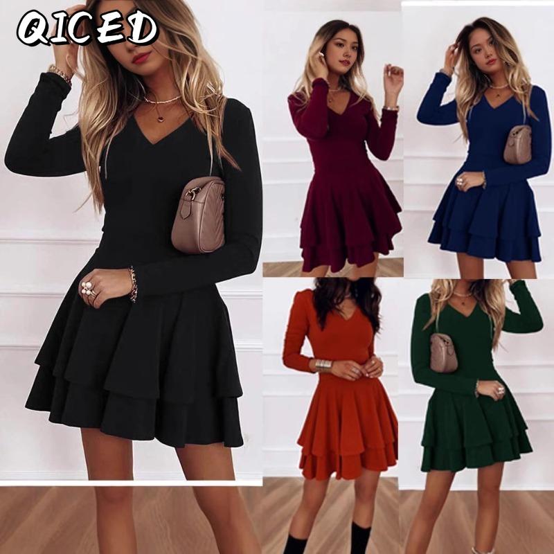JPNTKY Fashion Summer Spring Solid Color Print Long Sleeve V-Neck Casual Dresses