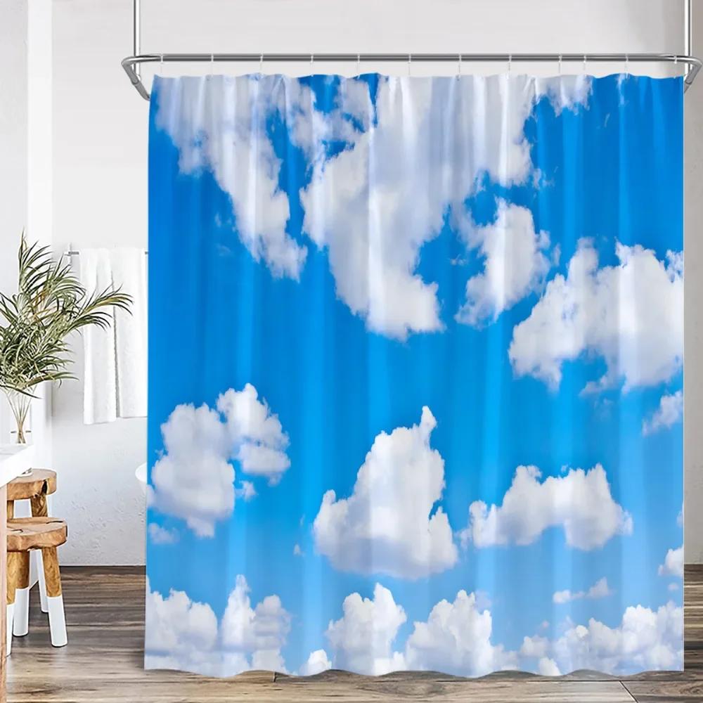 Creative Homewares Blue/White Sky Natural Shower Curtain Clouds Bathroom Decorative Shower Curtain With Hook Polyester Home Decoration Bathtub