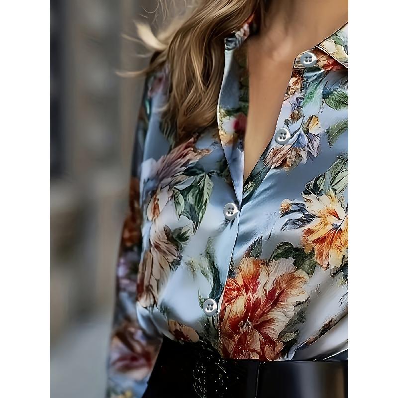 Women's Floral Print Button-Down Long-Sleeve Shirt Casual and Comfortable Suitable for All Seasons