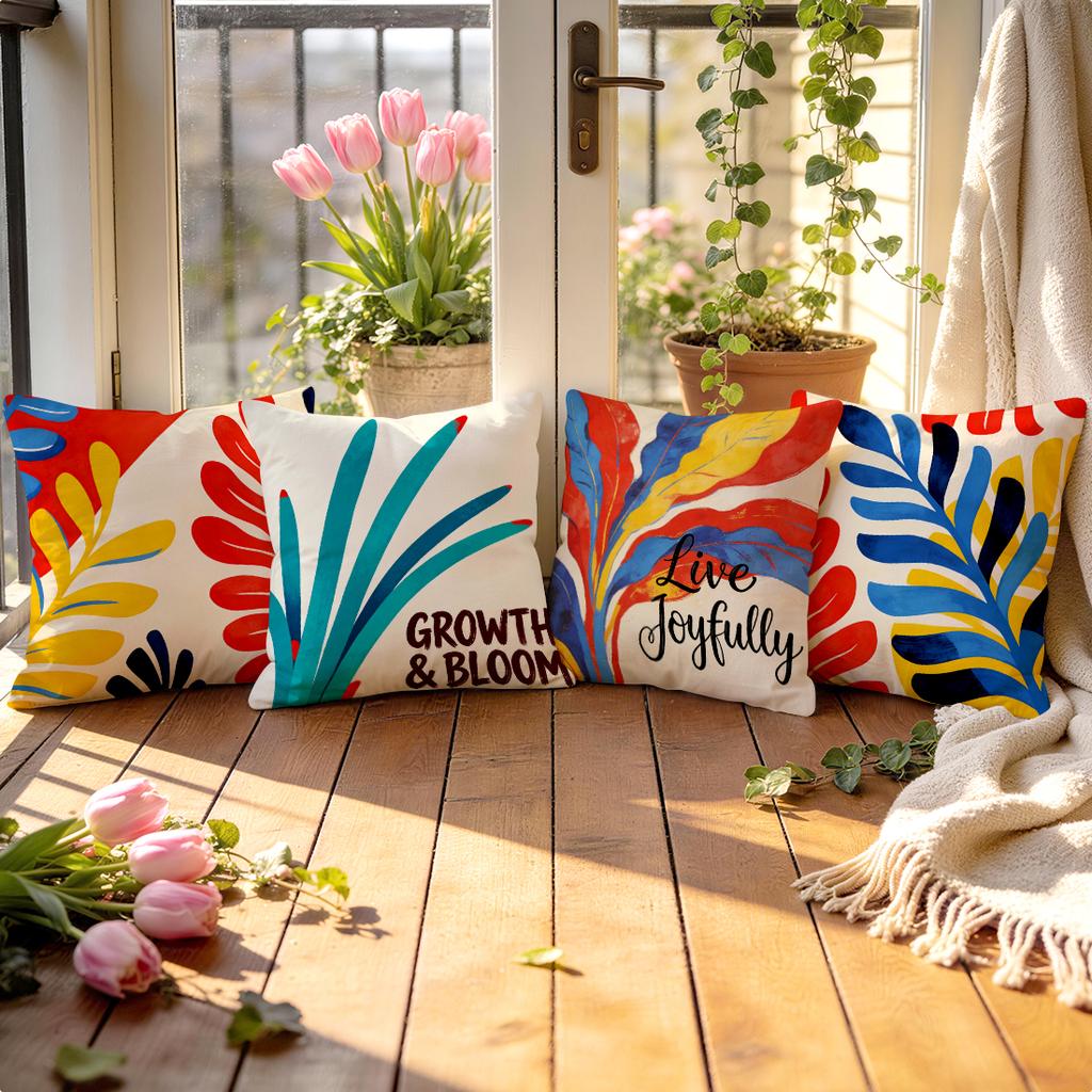 4 Pcs Bohemian Abstract Plants Single-Sided Printed Pillowcase Cushion Cover,Suitable For Living Room,Bedroom,Car Decoration