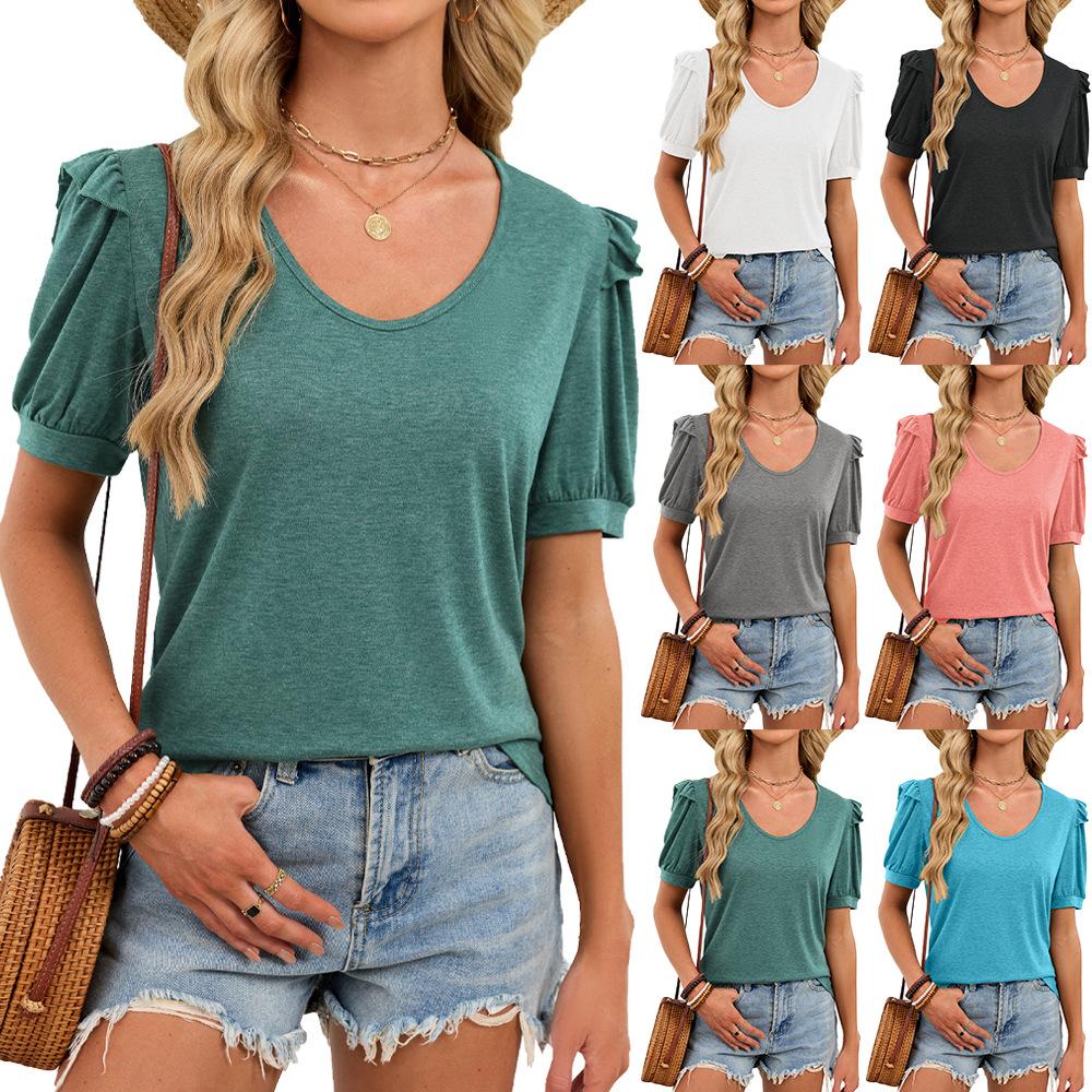 European Style Women Clothing Summer Solid Color V-Neck Short Sleeve Loose Fit T-Shirt