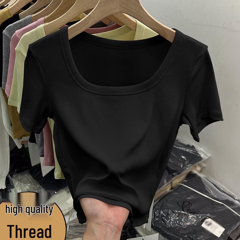 

2026 European Style Women s Fashion: Solid Color Ribbed Square Neck Slim Fit Short Sleeve Top 3XL (140-155 lbs) королівський синій колір