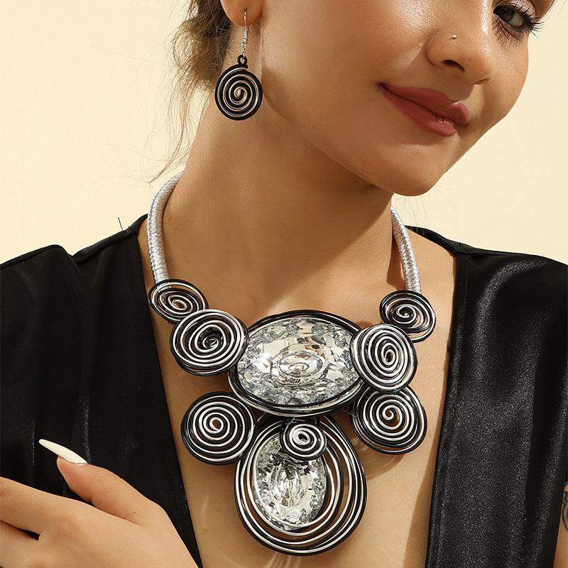 New Design Trendy Crystal Gem Aluminum Wire Handmade Woven Statement Necklace And Earring Set For Women's Banquet Accessories