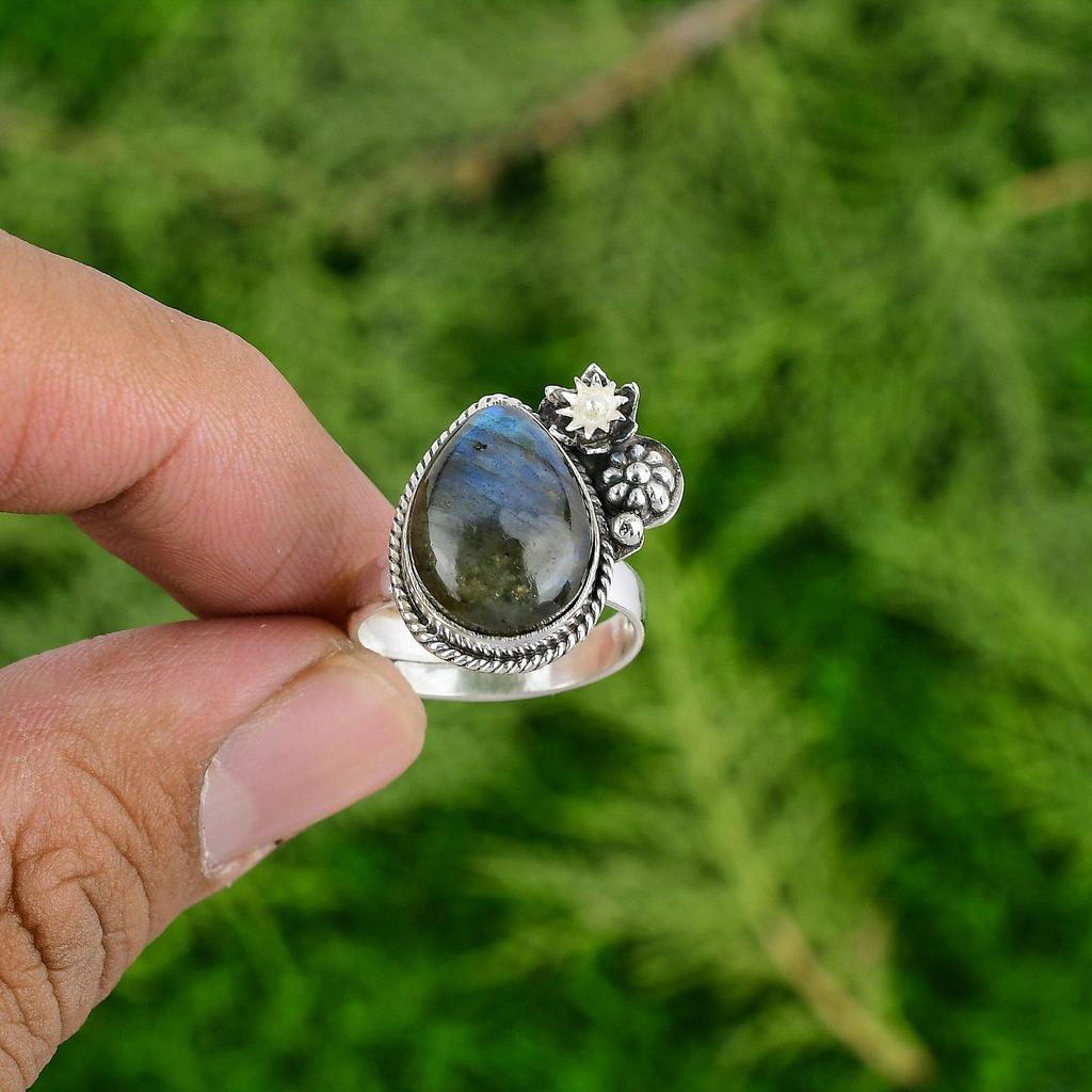 Natural Labradorite 925 Silver Statement Flower Adjustable Ring For Women