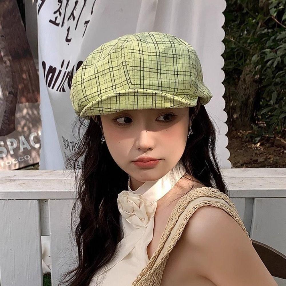 Ins Green Newsboy Caps Y2k Painter Hat Korean Plaid Cloud Berets  Outdoor