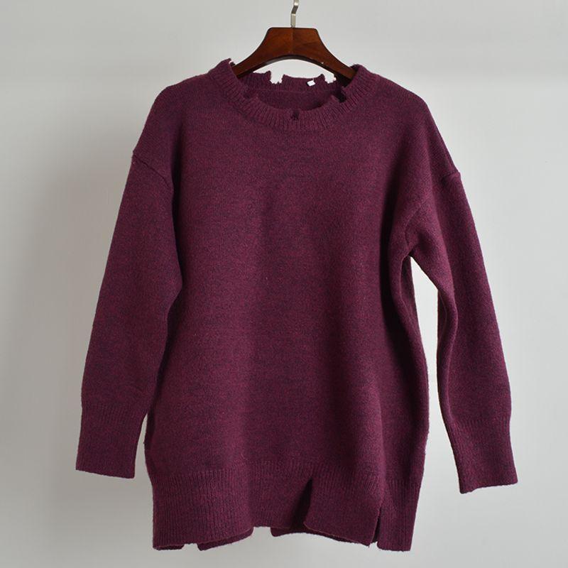 Fall and Winter New Arrival Pullover Round Neck Ripped Long Sleeves Knitting Sweaters Women's Clothing Loose Slimming Sweater Tops Outside