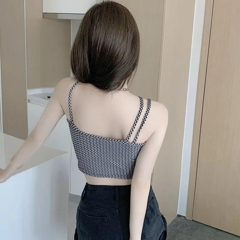 Dámský kostkovaný pletený triko s nepravidelným zády bez zad