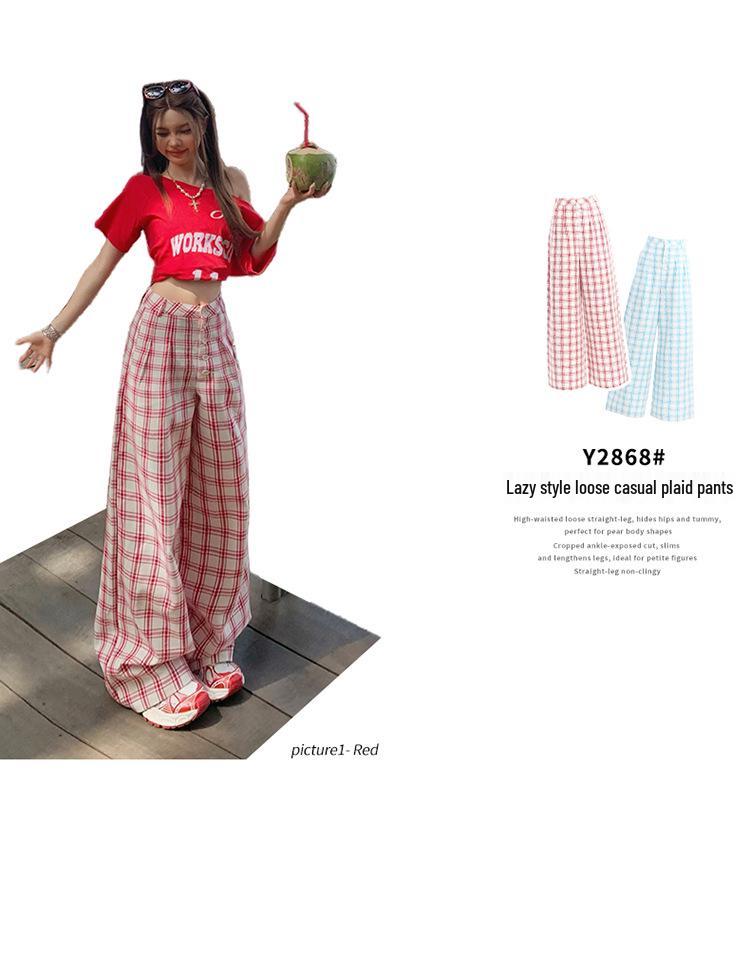 Women's Spring Plaid High-Waist Wide-Leg Pants - Casual, Loose, Floor-Length