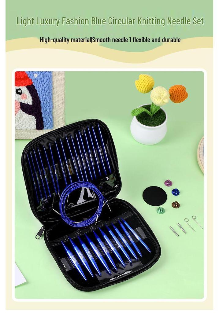 Blue Detachable Circular & Straight Knitting Needle Set with Replaceable Yarn Needles and Rope