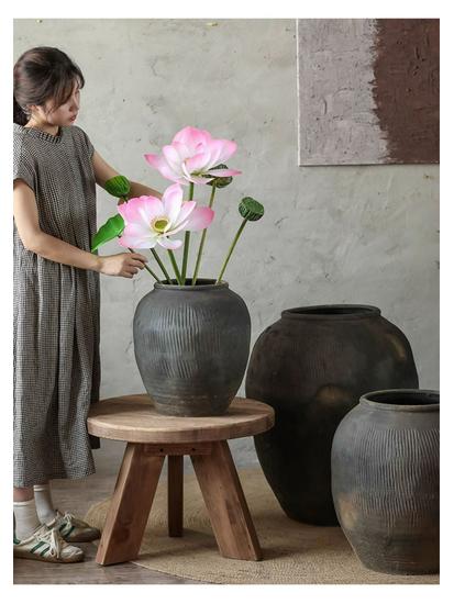 Wabi-Sabi Style Large Grey Ceramic Vase for Living Room Decor