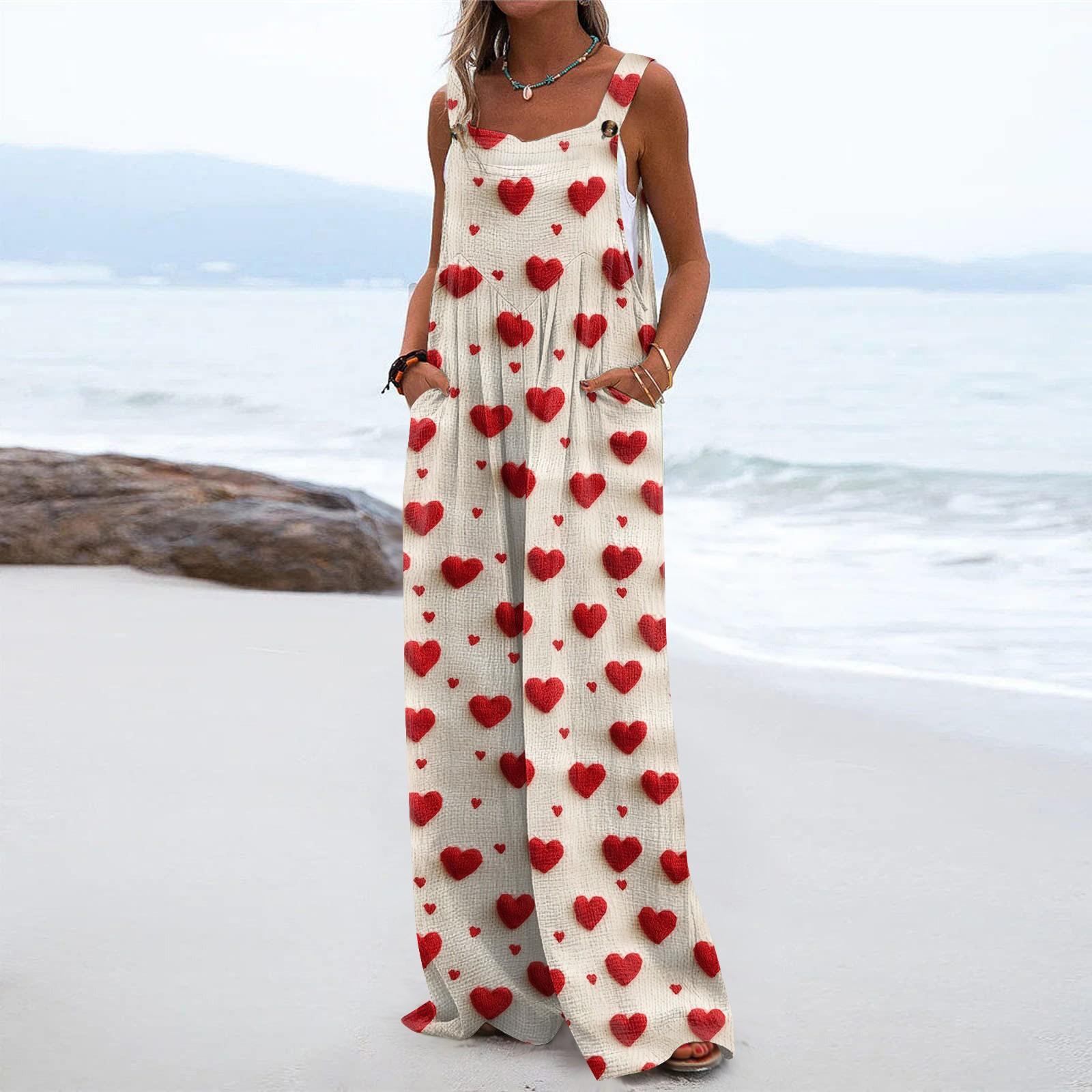 

Широкий комбинезон для женщин, повседневный свободный комбинезон без рукавов с принтом и пуговицами, длинные брюки, комбинезон с карманами L бежевый