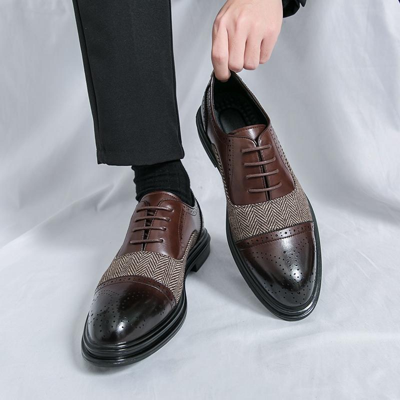 Fashion Retro Men Brock Leather Shoes Luxurious Men Comfortable Breathable Patchwork Fashionable Leather Shoes Social Shoes Sizes 38-46
