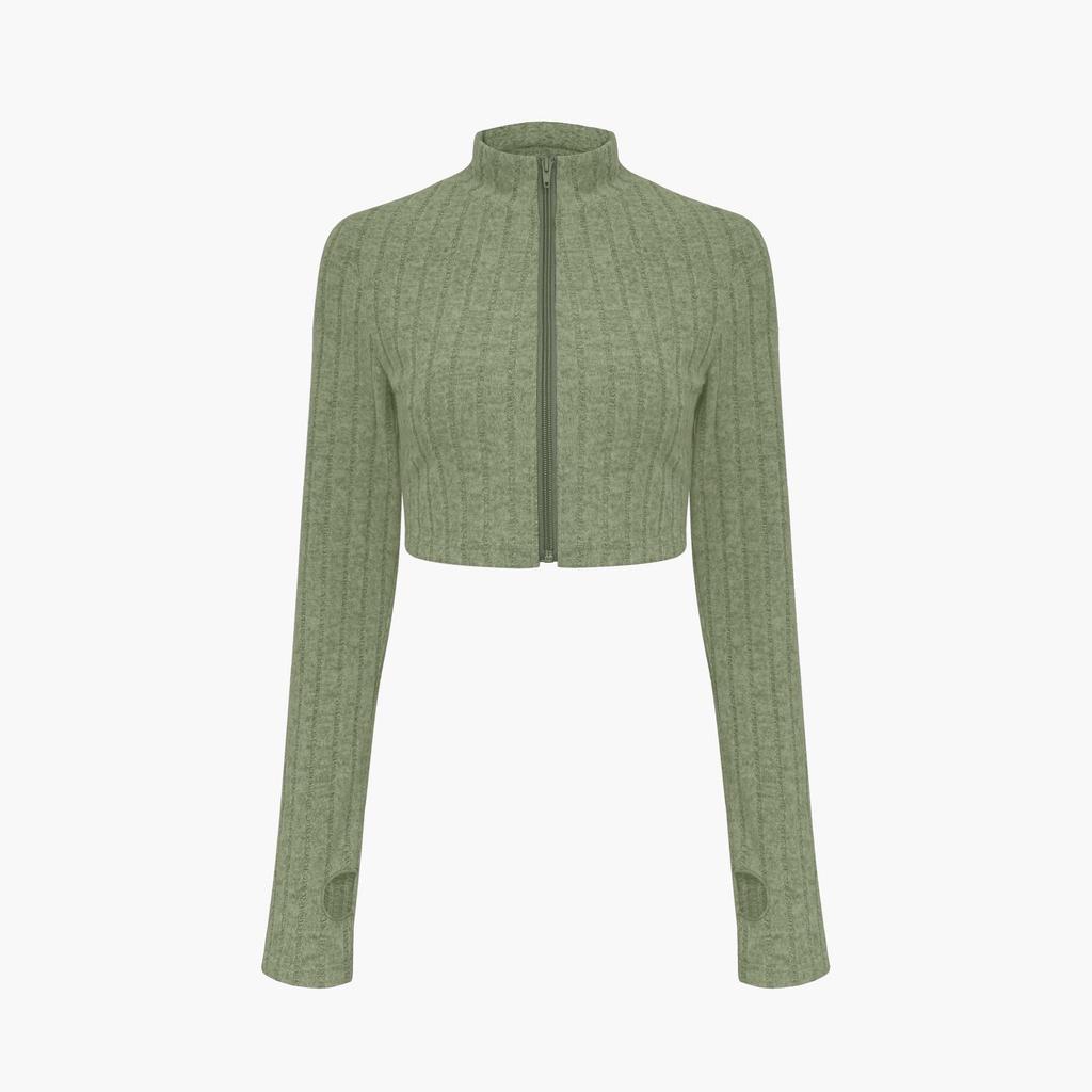 Autumn/Winter Solid Ribbed Two-Piece Set: Zipper Cardigan & High-Waisted Flared Pants for Women