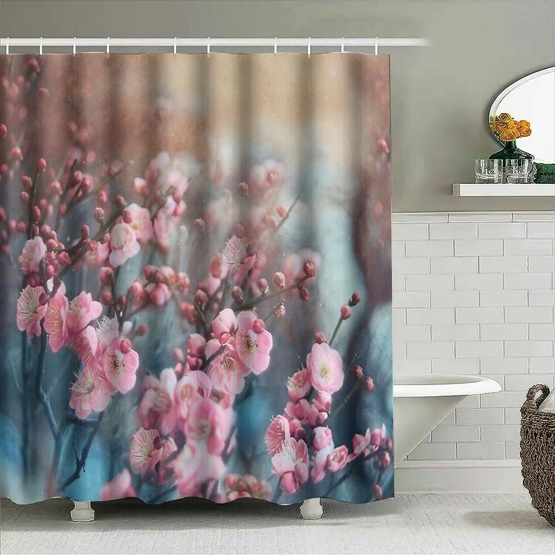 Cherry Blossom Shower Curtain Japanese Floral Nature Zen Spa Bathroom Decor Set