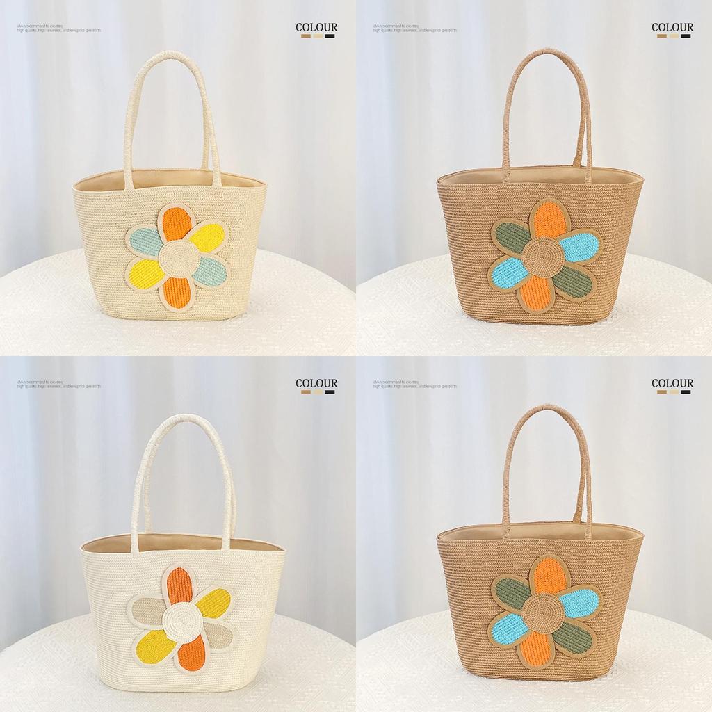 Simple Flower Color Blocked Pattern Women Large Capacity Woven Tote Bag For Summer Casual Use