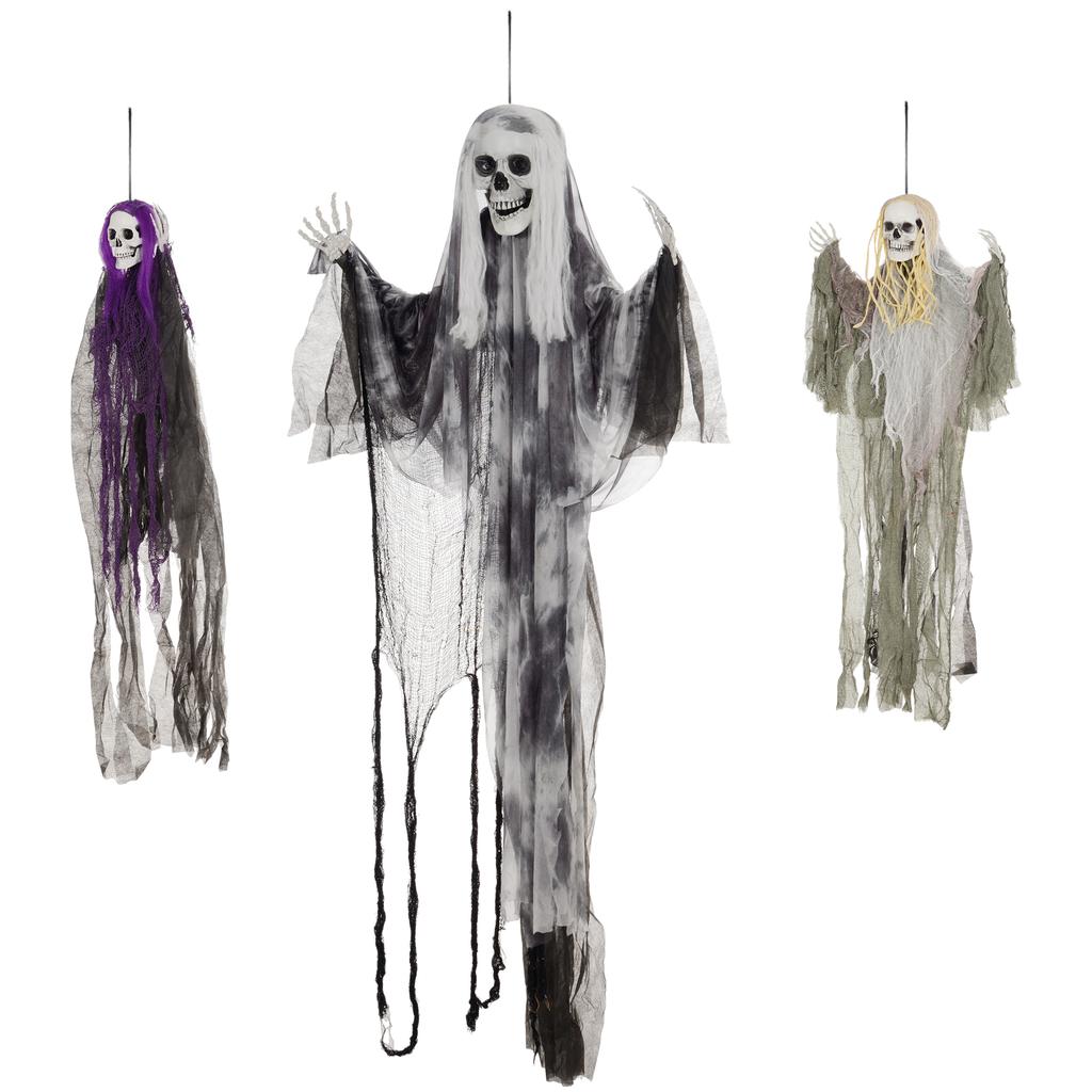 Hanging skeleton ghosts, set of 3, Halloween decorations, adjustable arms, 90/110/200cm