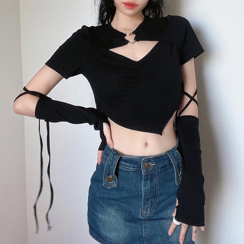 High Street Kurzarm T-shirt Frauen Harajuku Sommer Aushöhlen Schlank Design Ins Koreanische Stil Über Nabel Cropped Top Alle-spiel