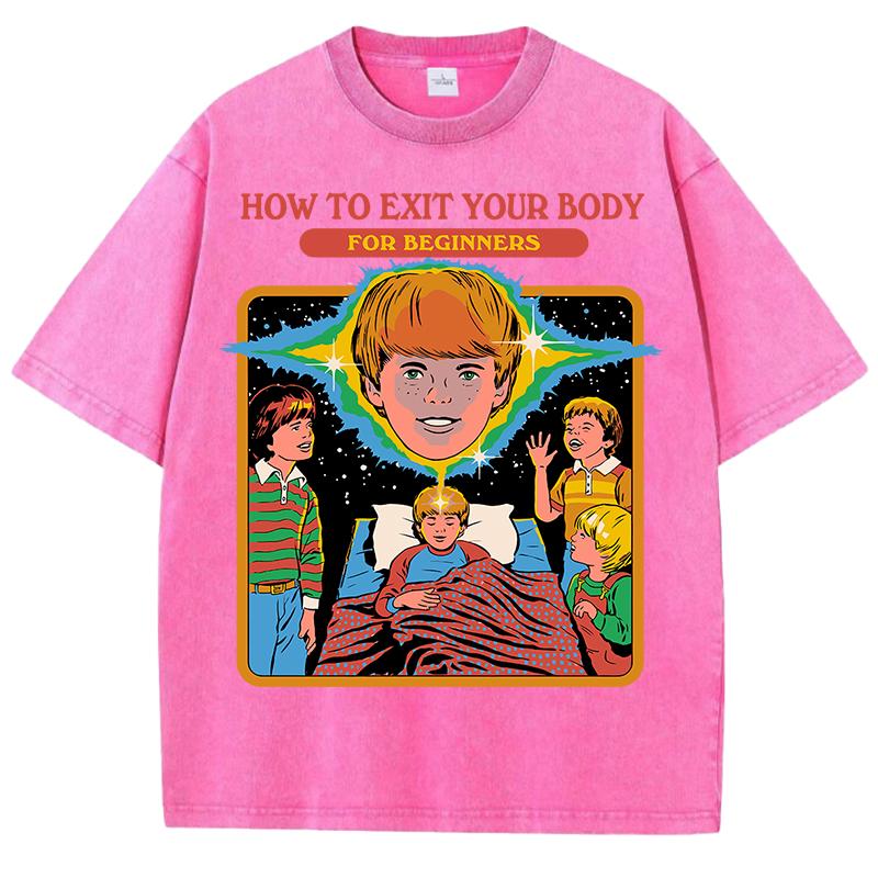 How To Exit Your Body Prints Washed Men T-Shirt Summer Breathable Casual Short Sleeve Soft Cotton Streetwear Loose Top
