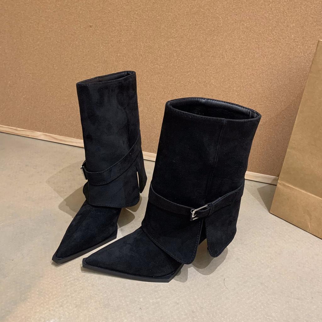 Wasteland Suede Pointed Belt Buckle High-heeled Short Boots Women's Thin Thin-heeled Trouser Tube Boots Medium Boots