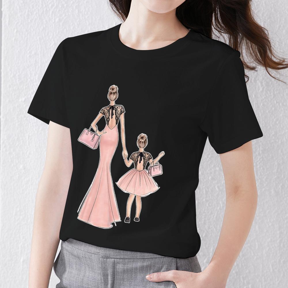 

Женская одежда Черная футболка Повседневные топы Семейные модные мягкие женские топы с круглым вырезом и принтом для мам с короткими рукавами 6XL