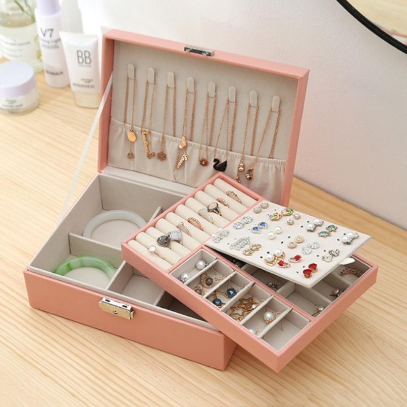 1pcs Double Layer Storage Box For Men And Women Large Capacity Leather Jewelry Box Hardware Latch Travel Portable Flip Lid Palm