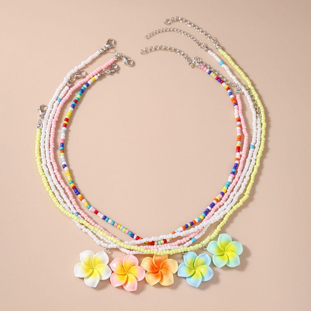 5Pcs Colorful Bead Choker Resin Plumeria Necklace Fashion Flower Beaded Necklace  Daily Wear