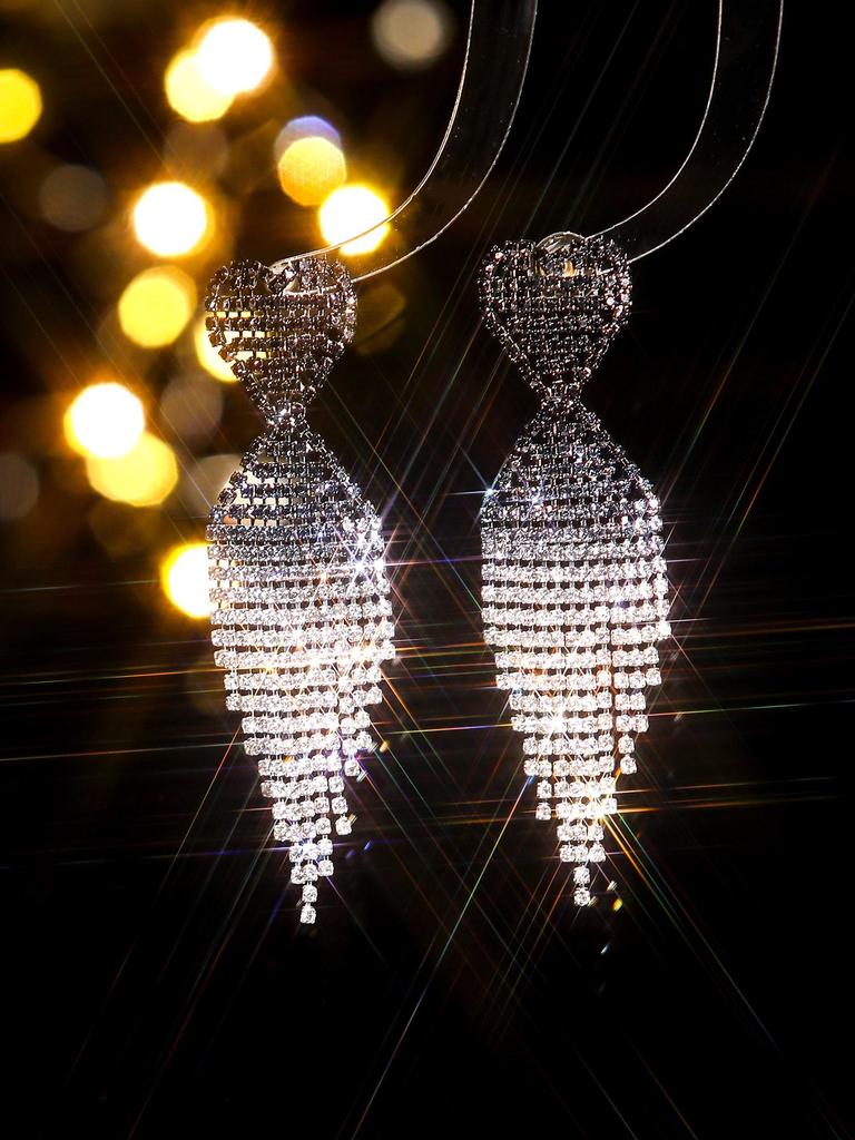 Luxurious Valentine's Shiny Diamond Heart Tassel Earrings for Women - Fashion Peach Heart Studs.