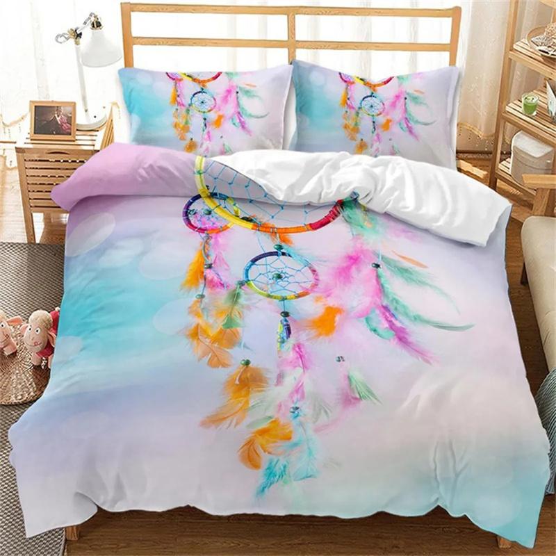 Dreamcatcher Duvet Cover Bohemia Floral Feather Ethnic Tribal Theme for Women Girl Teen Bedroom Decor Moon 135x200cm 2pcs