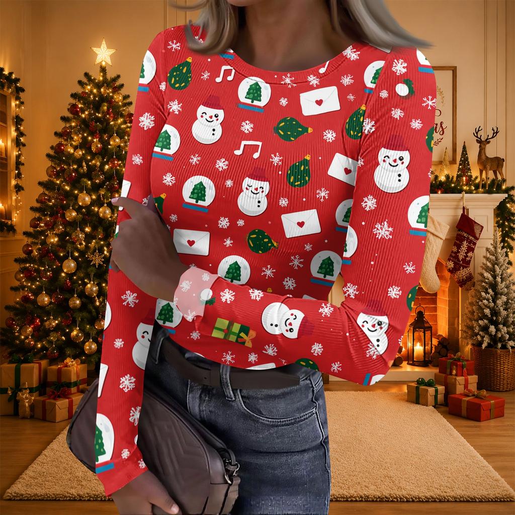 Women's Christmas Print Long Sleeve Round Neck Ribbed Knit Top